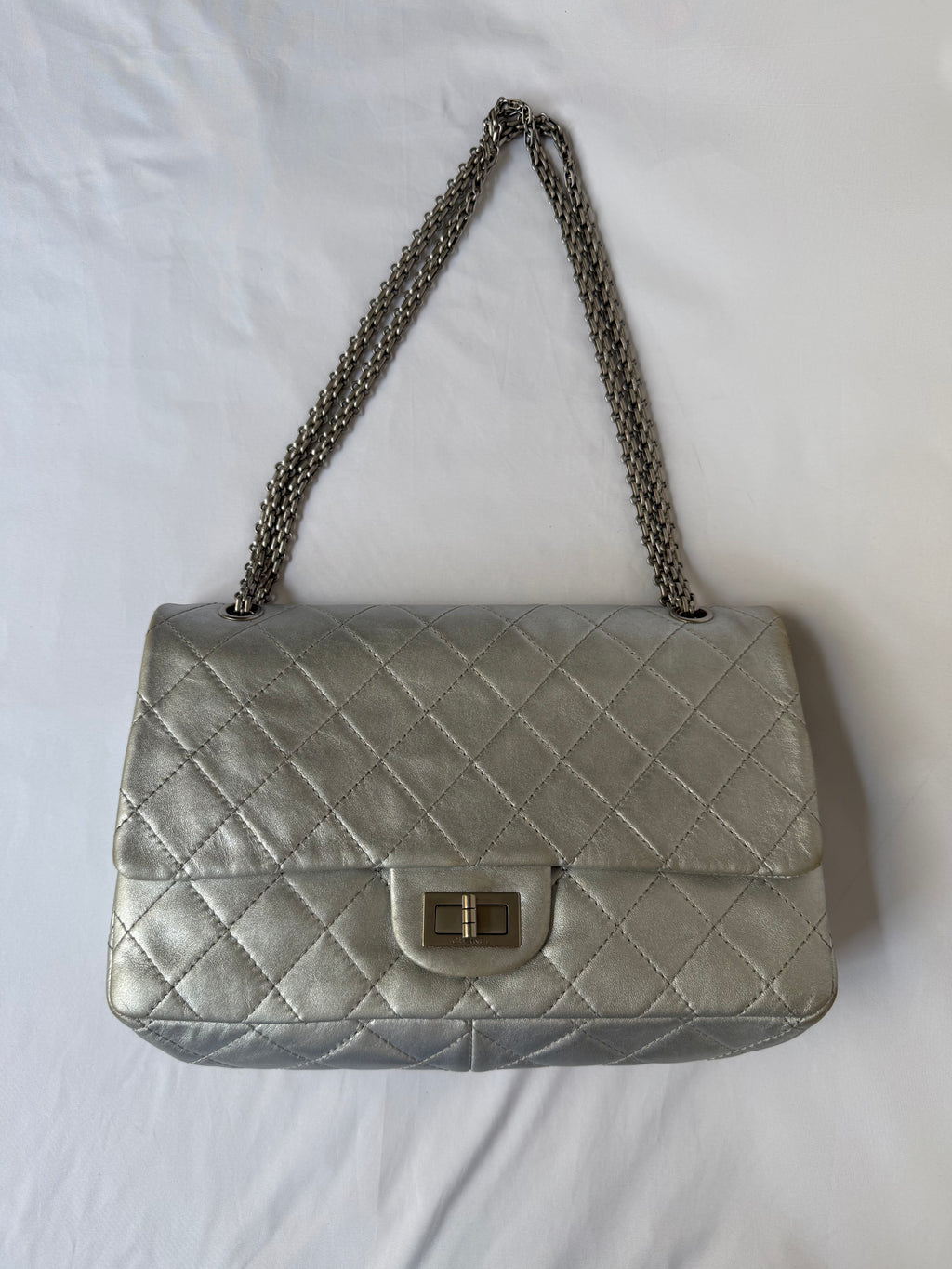 Chanel 2.55 Reissue Double Flap Bag Large in Silver Metallic Calfskin