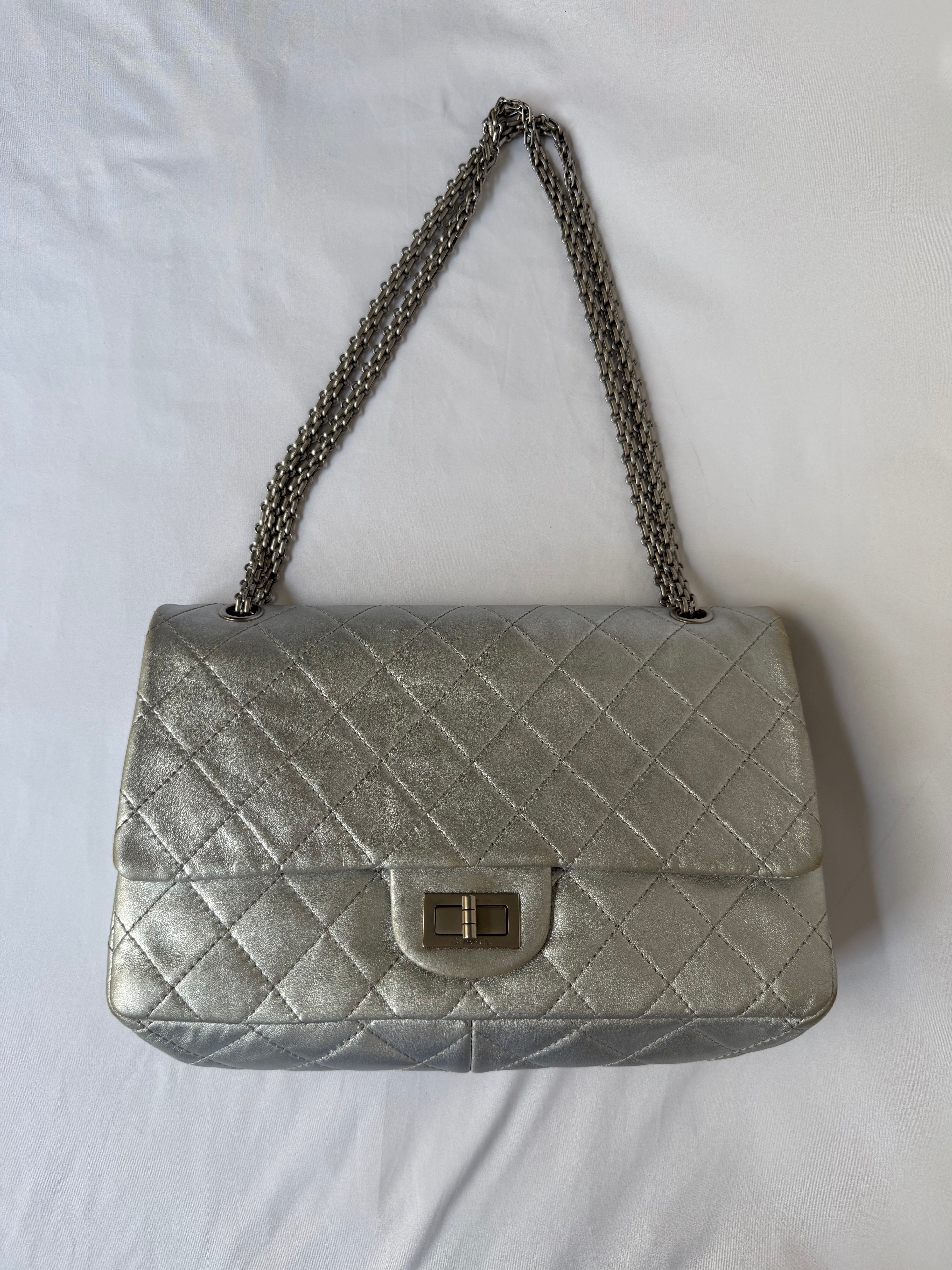 Chanel 2.55 Reissue Double Flap Bag Large in Silver Metallic Calfskin