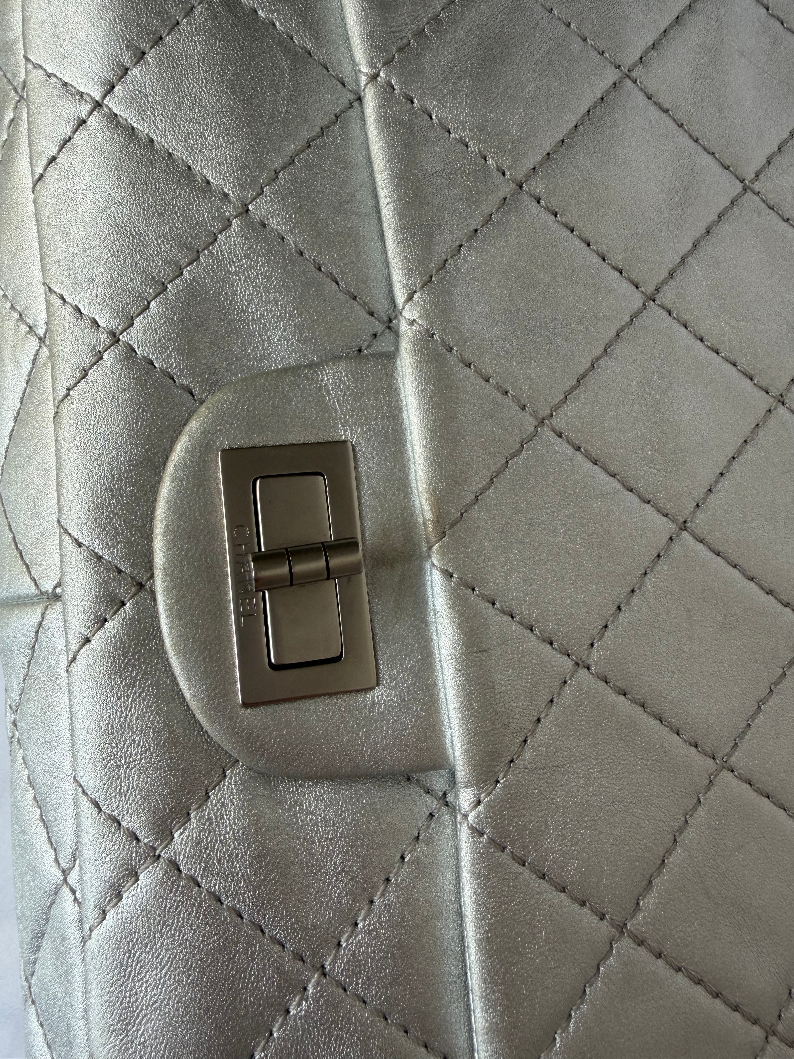 Chanel 2.55 Reissue Double Flap Bag Large in Silver Metallic Calfskin