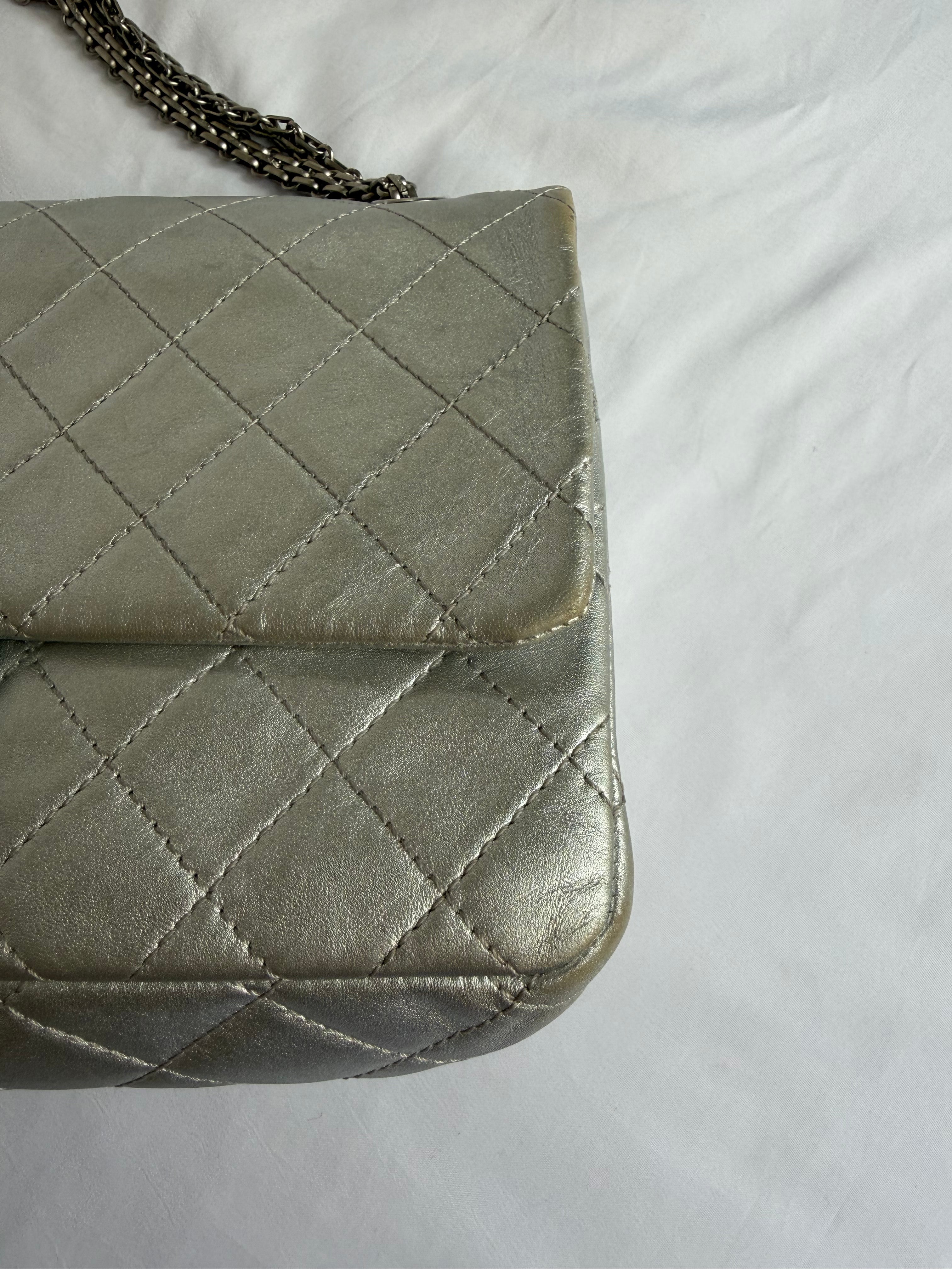 Chanel 2.55 Reissue Double Flap Bag Large in Silver Metallic Calfskin