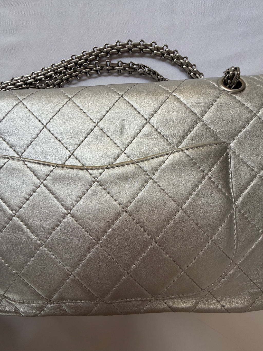 Chanel 2.55 Reissue Double Flap Bag Large in Silver Metallic Calfskin