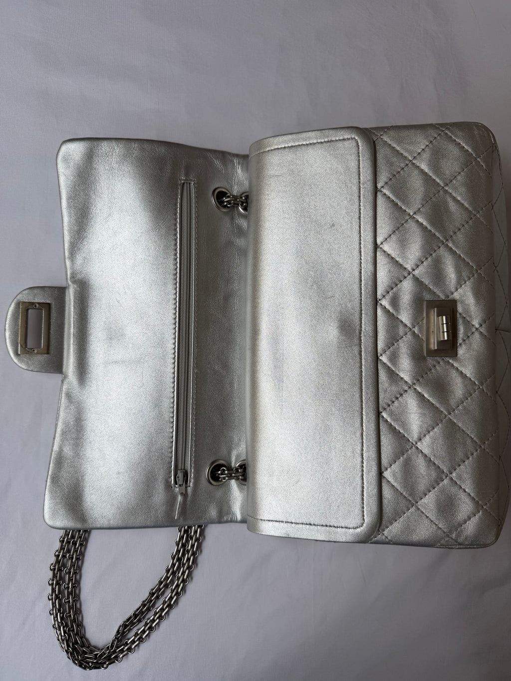 Chanel 2.55 Reissue Double Flap Bag Large in Silver Metallic Calfskin