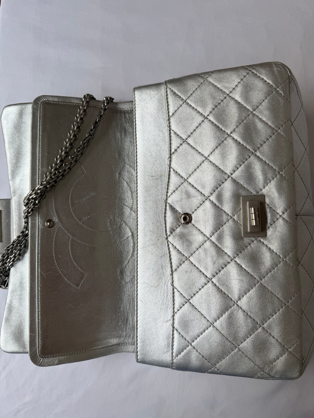 Chanel 2.55 Reissue Double Flap Bag Large in Silver Metallic Calfskin