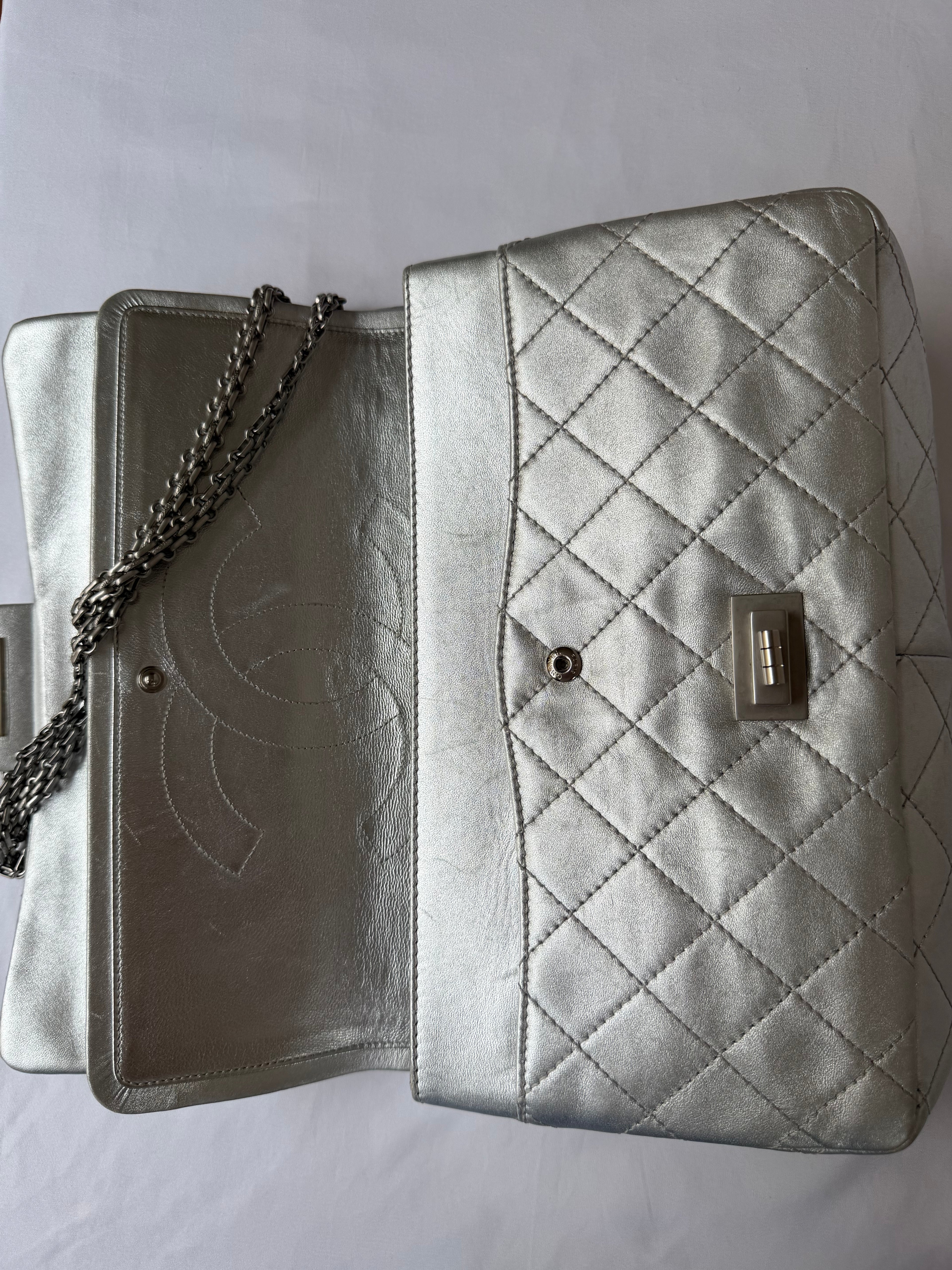 Chanel 2.55 Reissue Double Flap Bag Large in Silver Metallic Calfskin
